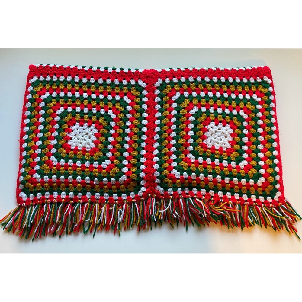 Vintage MCM Christmas Handmade Crochet "Granny" Square Afghan Lap Blanket